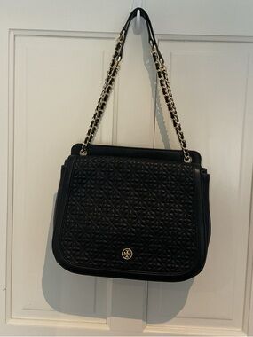Tory Burch Black Quilted Leather Shoulder Bag with Gold Chain